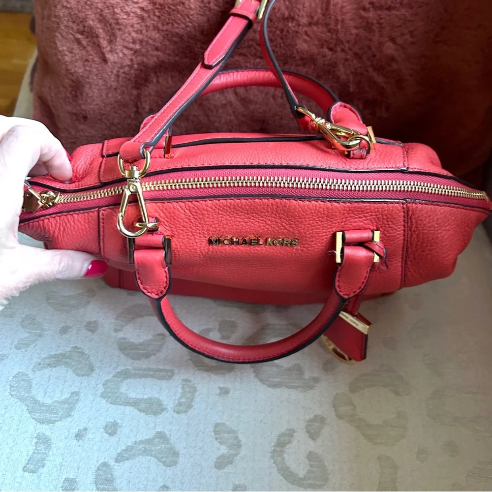 Michael Kors Pebbled Leather Coral Riley Satchel/Crossbody with Gold Hardware